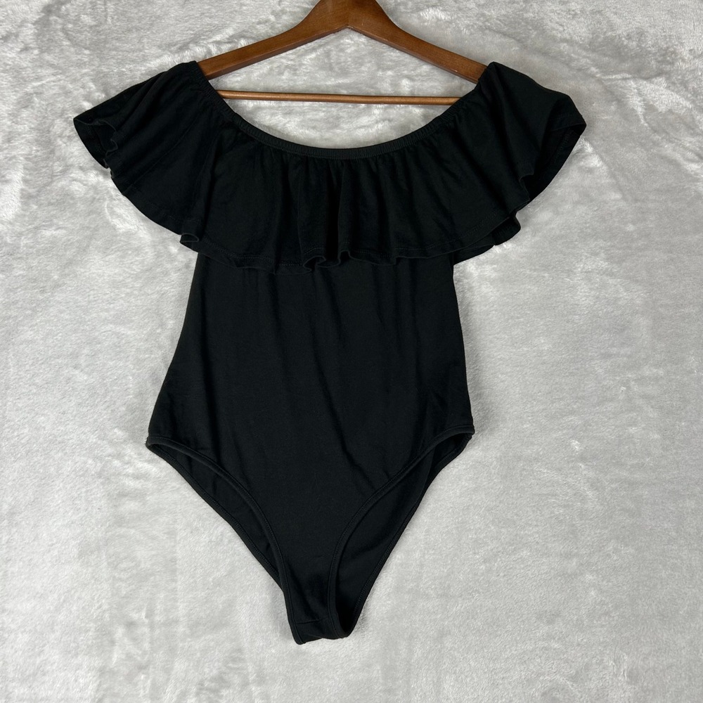 Womens Off The Shoulder Ruffle Bodysuit Top Black Sleeveless ‎ large